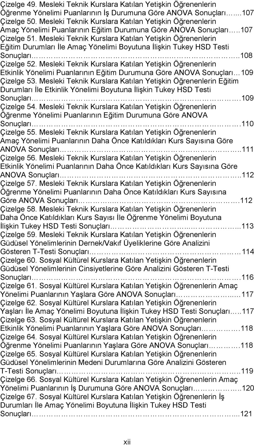 Mesleki Teknik Kurslara Katılan Yetişkin Öğrenenlerin Eğitim Durumları İle Amaç Yönelimi Boyutuna İlişkin Tukey HSD Testi Sonuçları....108 Çizelge 52.