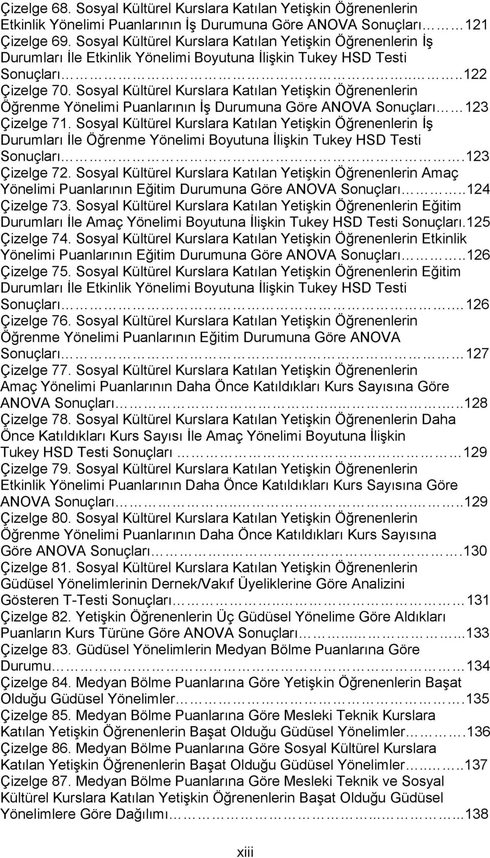 Sosyal Kültürel Kurslara Katılan Yetişkin Öğrenenlerin Öğrenme Yönelimi Puanlarının İş Durumuna Göre ANOVA Sonuçları 123 Çizelge 71.