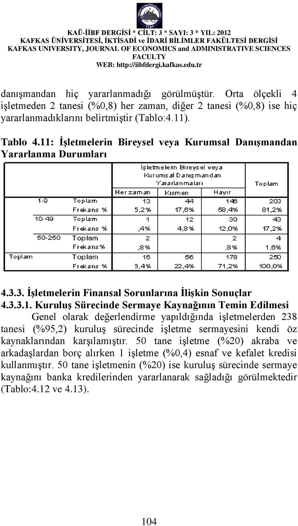 Genel olarak değerlendirme yapıldığında işletmelerden 238 tanesi (%95,2) kuruluş sürecinde işletme sermayesini kendi öz kaynaklarından karşılamıştır.