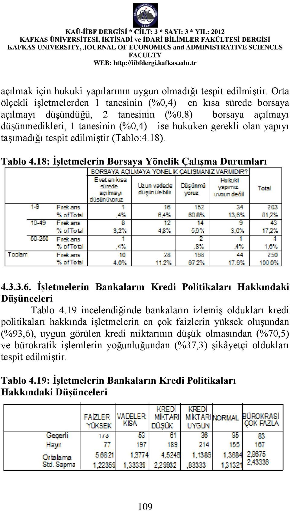 taşımadığı tespit edilmiştir (Tablo:4.18). Tablo 4.18: İşletmelerin Borsaya Yönelik Çalışma Durumları 4.3.3.6. İşletmelerin Bankaların Kredi Politikaları Hakkındaki Düşünceleri Tablo 4.