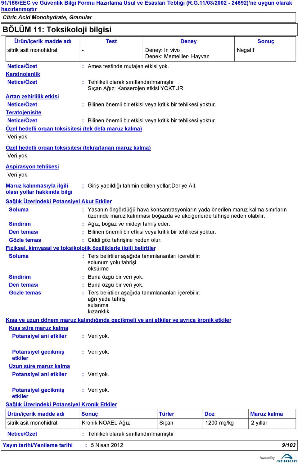 11/03/2002-24692) ne uygun olarak hazırlanmıştır BÖLÜM 11 Toksikoloji bilgisi Ürün/içerik madde adı Test Deney Sonuç sitrik asit monohidrat - Deney In vivo Denek Memeliler- Hayvan Negatif Netice/Özet