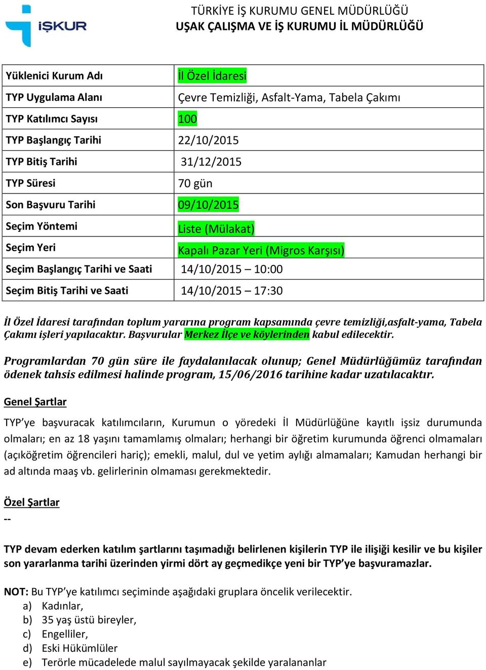 İdaresi tarafından toplum yararına program kapsamında çevre temizliği,asfalt-yama, Tabela Çakımı işleri yapılacaktır.