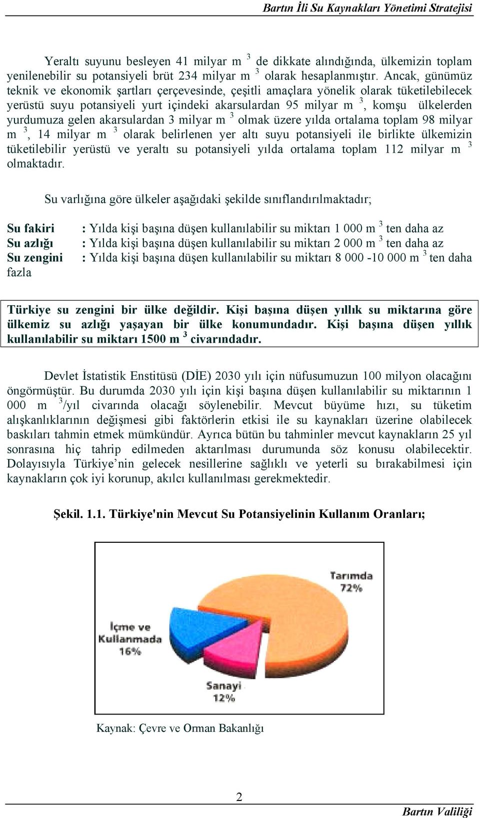 gelen akarsulardan 3 milyar m 3 olmak üzere yılda ortalama toplam 98 milyar m 3, 14 milyar m 3 olarak belirlenen yer altı suyu potansiyeli ile birlikte ülkemizin tüketilebilir yerüstü ve yeraltı su