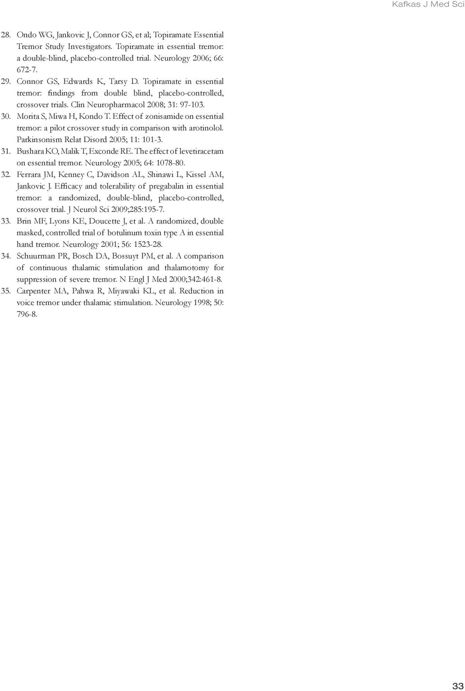 Effect of zonisamide on essential tremor: a pilot crossover study in comparison with arotinolol. Parkinsonism Relat Disord 2005; 11: 101-3. 31. Bushara KO, Malik T, Exconde RE.