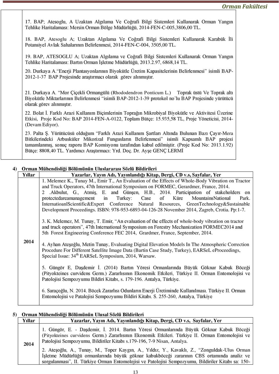 BAP, ATESOGLU A; Uzaktan Algılama ve Coğrafi Bilgi Sistemleri Kullanarak Orman Yangın Tehlike Haritalaması: Bartın Orman İşletme Müdürlüğü, 2013.2.97, 6868,14 TL. 20. Durkaya A.