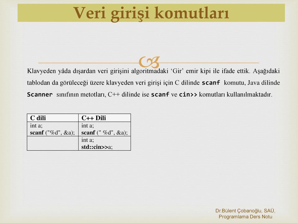 Scanner sınıfının metotları, C++ dilinde ise scanf ve cin>> komutları kullanılmaktadır.