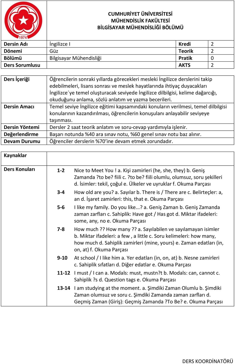 Temel seviye İngilizce eğitimi kapsamındaki konuların verilmesi, temel dilbilgisi konularının kazandırılması, öğrencilerin konuşulanı anlayabilir seviyeye taşınması.