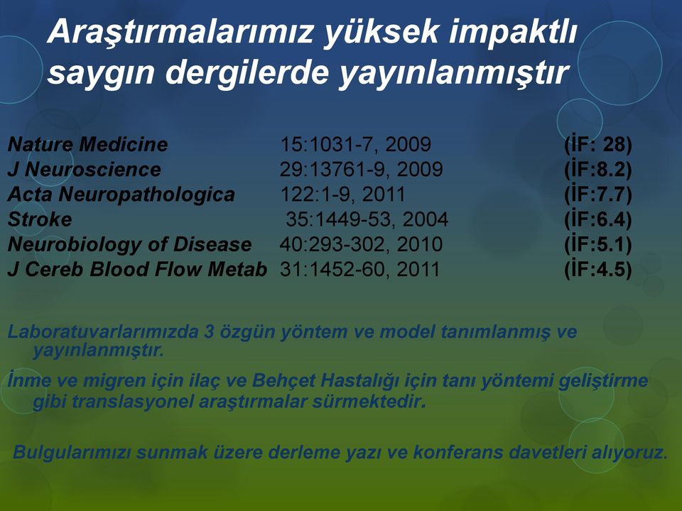 1) J Cereb Blood Flow Metab 31:1452-60, 2011 (İF:4.5) Laboratuvarlarımızda 3 özgün yöntem ve model tanımlanmış ve yayınlanmıştır.