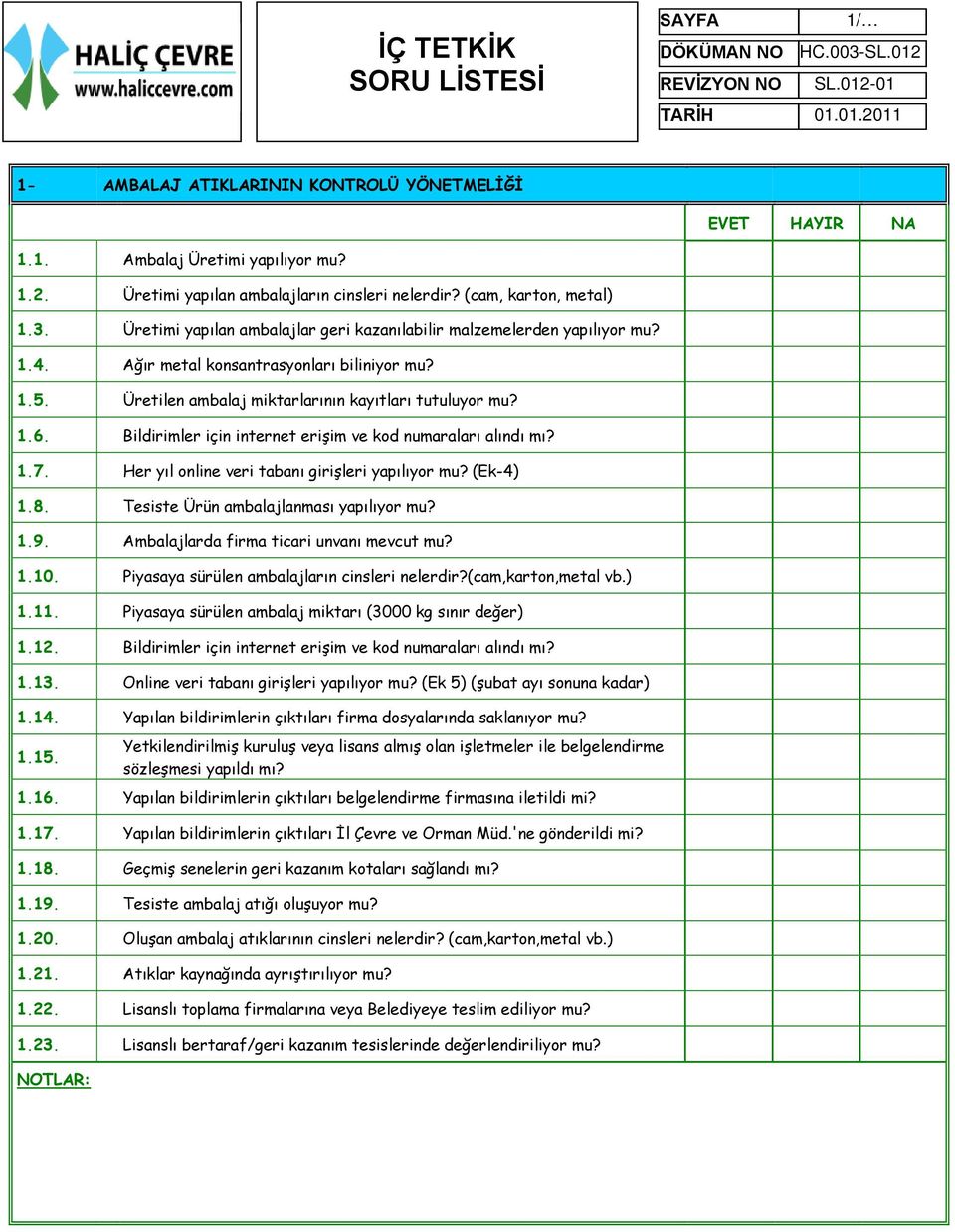 Bildirimler için internet erişim ve kod numaraları alındı mı? 1.7. Her yıl online veri tabanı girişleri yapılıyor mu? (Ek-4) 1.8. Tesiste Ürün ambalajlanması yapılıyor mu? 1.9.