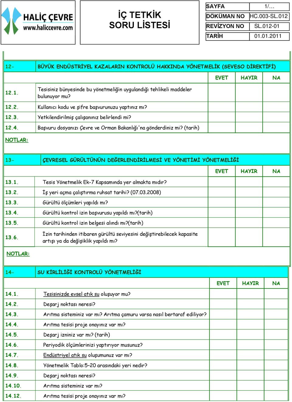 13.2. İş yeri açma çalıştırma ruhsat tarihi? (07.03.2008) 13.3. Gürültü ölçümleri yapıldı mı? 13.4. Gürültü kontrol izin başvurusu yapıldı mı?(tarih) 13.5. Gürültü kontrol izin belgesi alındı mı?