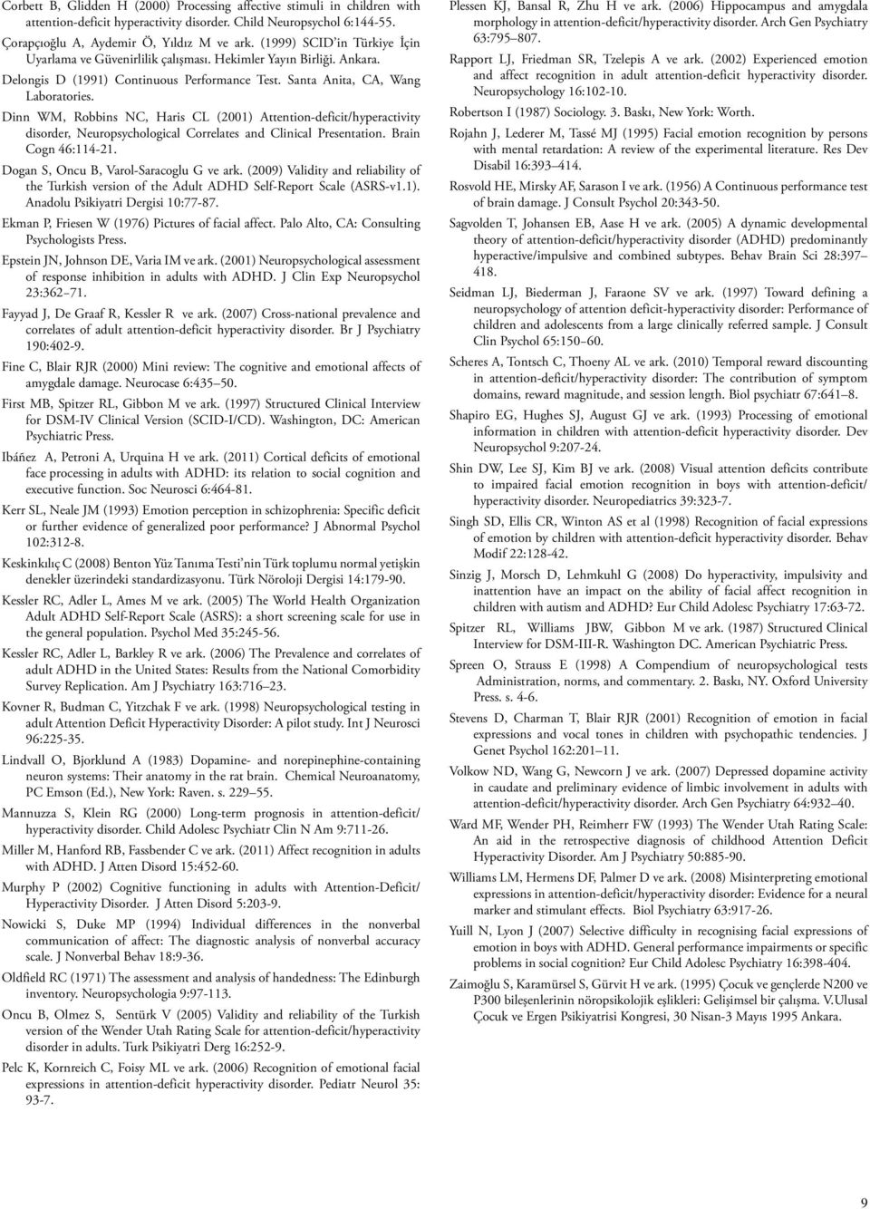 Dinn WM, Robbins NC, Haris CL (2001) Attention-deficit/hyperactivity disorder, Neuropsychological Correlates and Clinical Presentation. Brain Cogn 46:114-21. Dogan S, Oncu B, Varol-Saracoglu G ve ark.