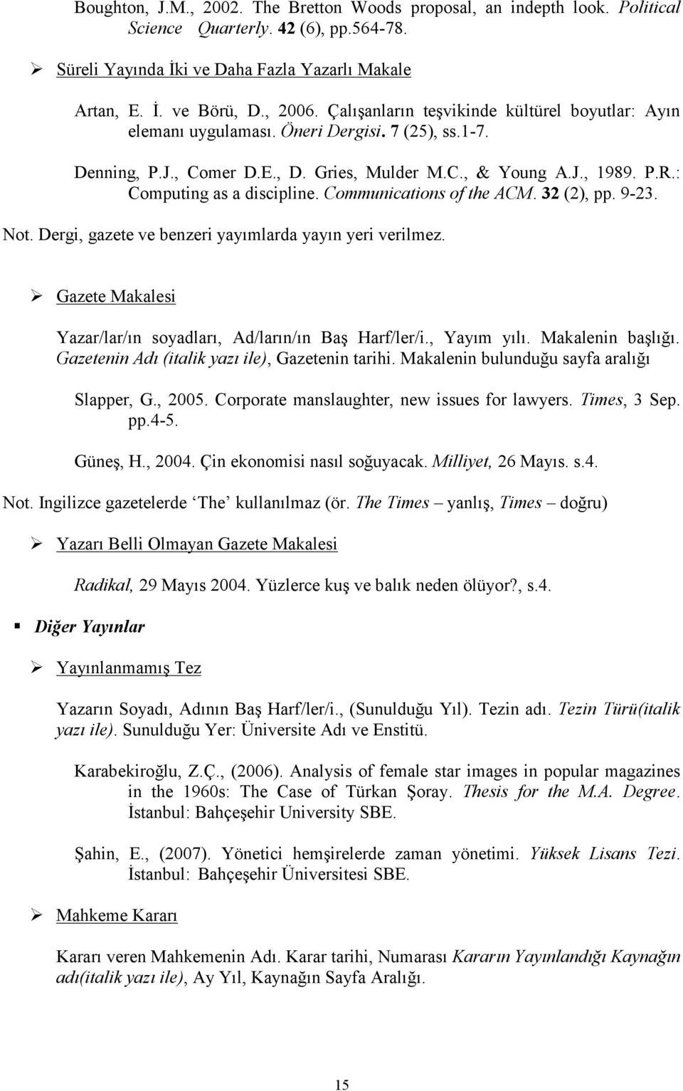 : Computing as a discipline. Communications of the ACM. 32 (2), pp. 9-23. Not. Dergi, gazete ve benzeri yayımlarda yayın yeri verilmez.