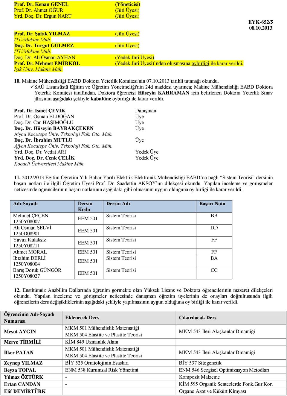 Makine Mühendisliği EABD Doktora Yeterlik Komitesi'nin 07.10.2013 tarihli tutanağı okundu.