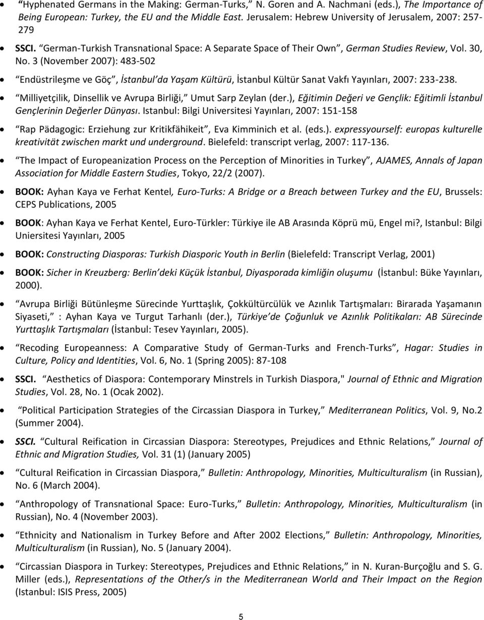 3 (November 2007): 483-502 Endüstrileşme ve Göç, İstanbul da Yaşam Kültürü, İstanbul Kültür Sanat Vakfı Yayınları, 2007: 233-238. Milliyetçilik, Dinsellik ve Avrupa Birliği, Umut Sarp Zeylan (der.