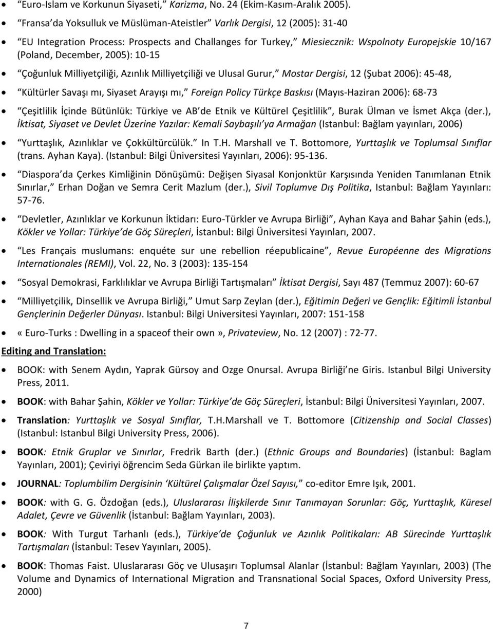 2005): 10-15 Çoğunluk Milliyetçiliği, Azınlık Milliyetçiliği ve Ulusal Gurur, Mostar Dergisi, 12 (Şubat 2006): 45-48, Kültürler Savaşı mı, Siyaset Arayışı mı, Foreign Policy Türkçe Baskısı