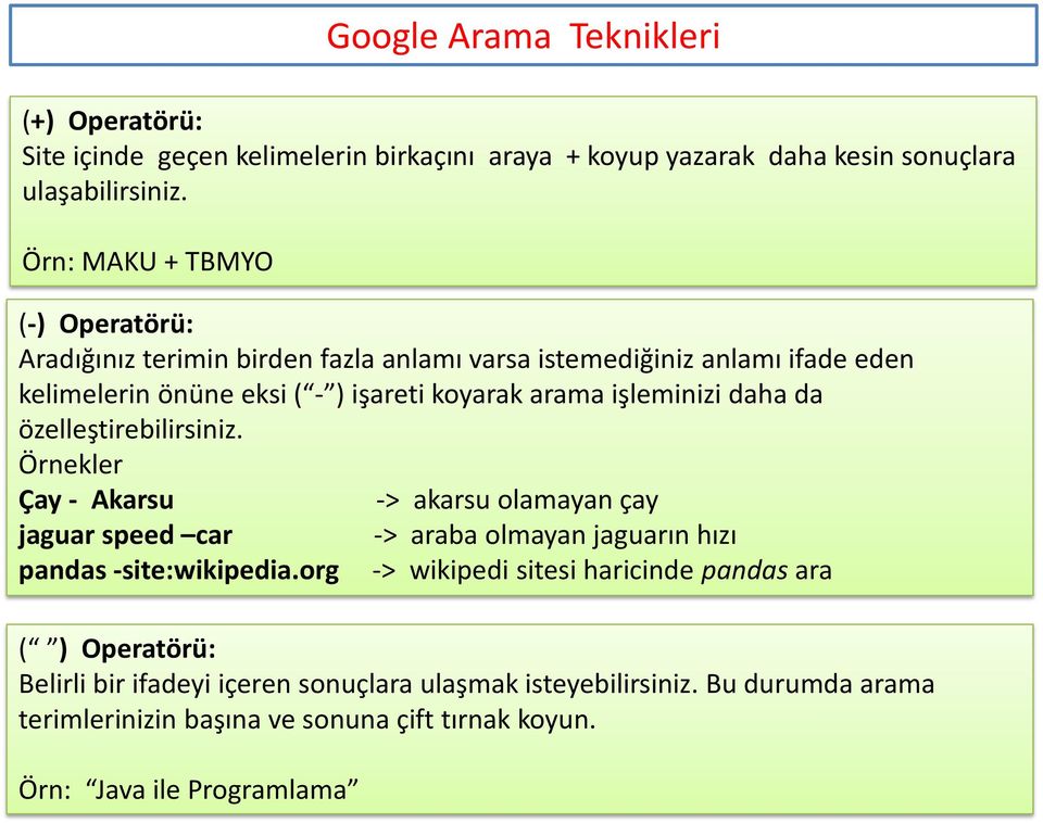 işleminizi daha da özelleştirebilirsiniz. Örnekler Çay - Akarsu -> akarsu olamayan çay jaguar speed car -> araba olmayan jaguarın hızı pandas -site:wikipedia.