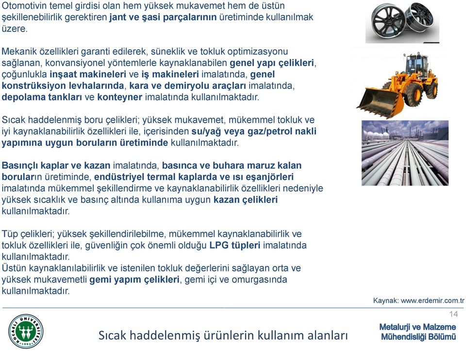 imalatında, genel konstrüksiyon levhalarında, kara ve demiryolu araçları imalatında, depolama tankları ve konteyner imalatında kullanılmaktadır.