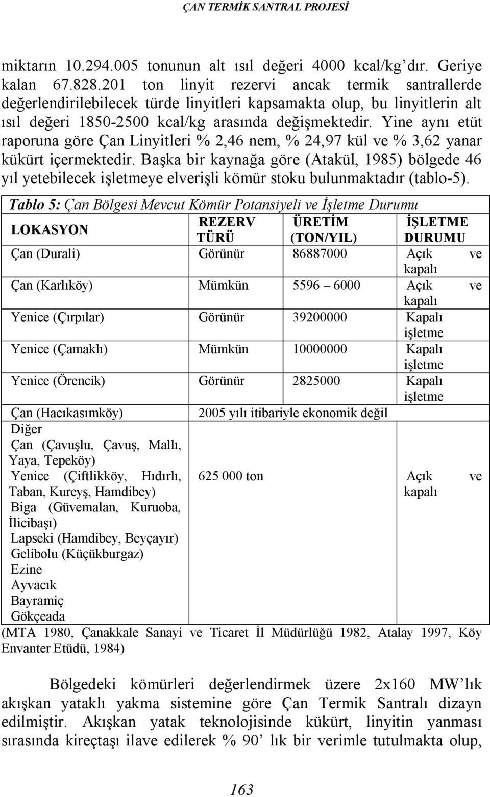 Yine aynı etüt raporuna göre Çan Linyitleri % 2,46 nem, % 24,97 kül ve % 3,62 yanar kükürt içermektedir.