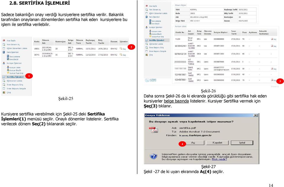 3 Şekil-5 Şekil-6 Daha sonra Şekil-6 da ki ekranda görüldüğü gibi sertifika hak eden kursiyerler belge bazında listelenir.