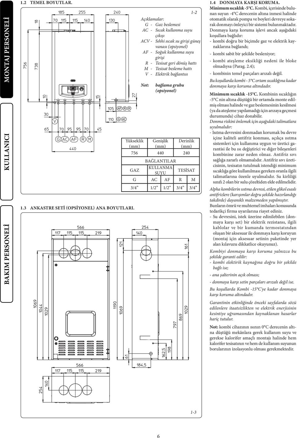 dönüş hattı M - Tesisat besleme hattı V - Elektrik bağlantısı Not: bağlama grubu (opsiyonel) Derinlik (mm) 756 440 240 BAĞLANTILAR GAZ KULLANMA SUYU TESİSAT G AC AF R M 3/4 1/2 1/2 3/4 3/4 1.