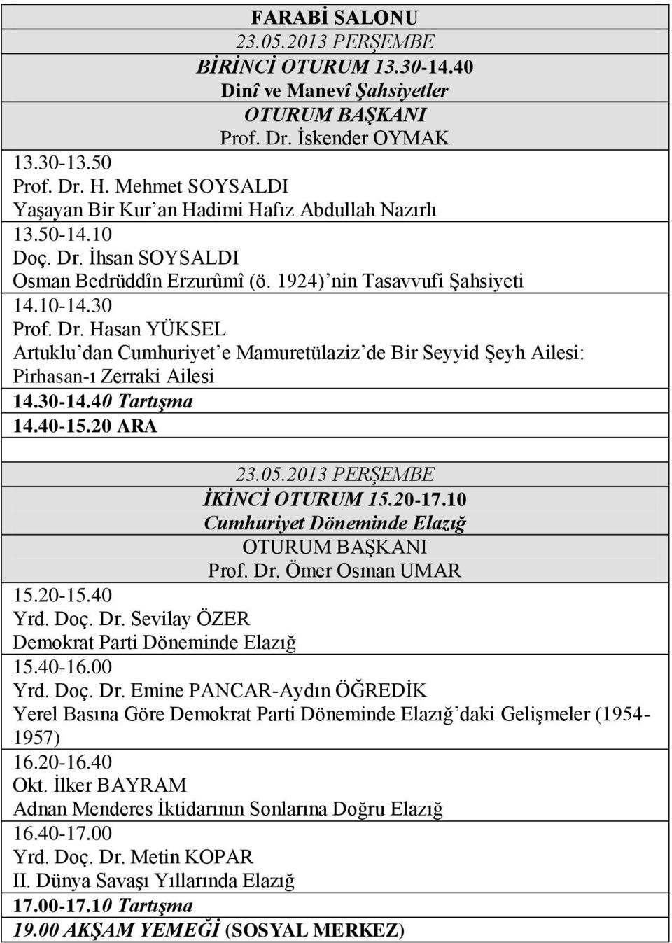 Hasan YÜKSEL Artuklu dan Cumhuriyet e Mamuretülaziz de Bir Seyyid Şeyh Ailesi: Pirhasan-ı Zerraki Ailesi 14.30-14.40 Tartışma 14.40-15.20 ARA İKİNCİ OTURUM 15.20-17.