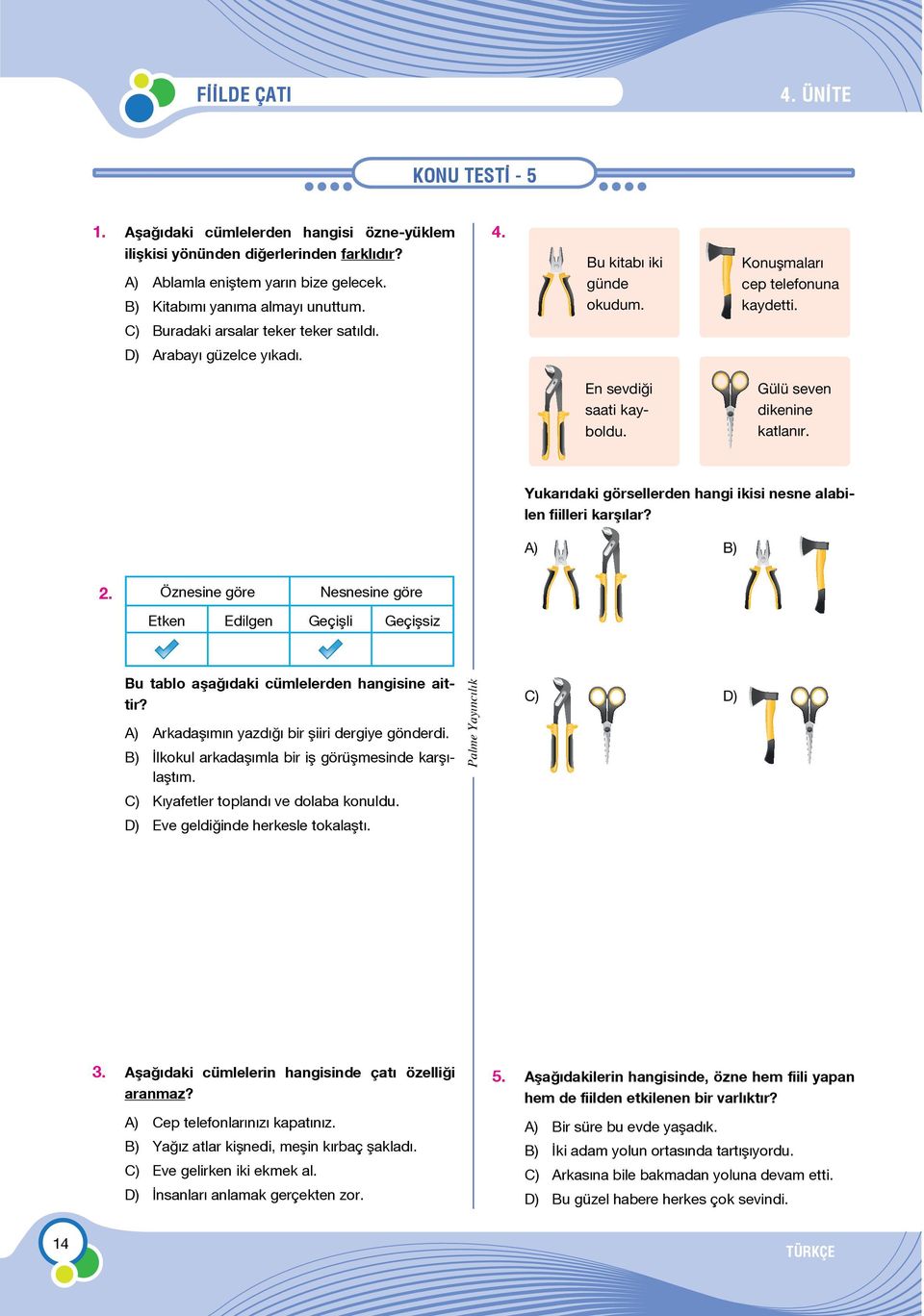 Yukarıdaki görsellerden hangi ikisi nesne alabilen fiilleri karşılar? 2. Öznesine göre Nesnesine göre Etken Edilgen Geçişli Geçişsiz Bu tablo aşağıdaki cümlelerden hangisine aittir?