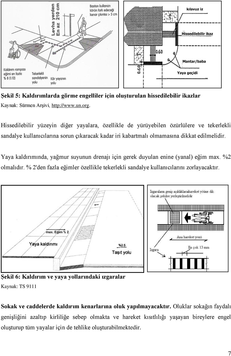 Yaya kaldırımında, yağmur suyunun drenajı için gerek duyulan enine (yanal) eğim max. %2 olmalıdır. % 2'den fazla eğimler özellikle tekerlekli sandalye kullanıcılarını zorlayacaktır.