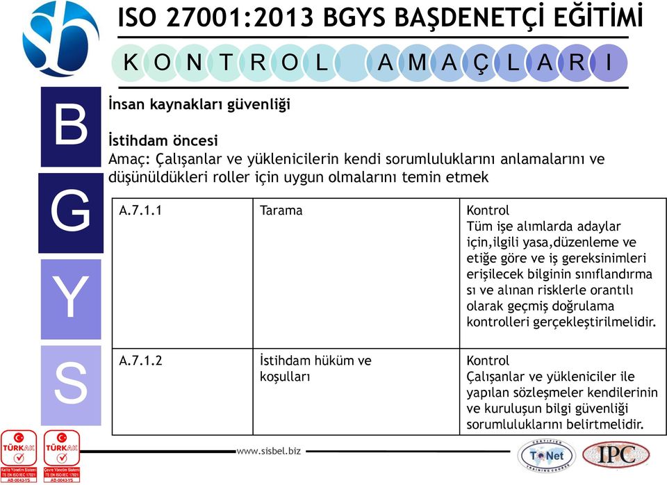 1 Tarama Tüm işe alımlarda adaylar için,ilgili yasa,düzenleme ve etiğe göre ve iş gereksinimleri erişilecek bilginin sınıflandırma sı ve