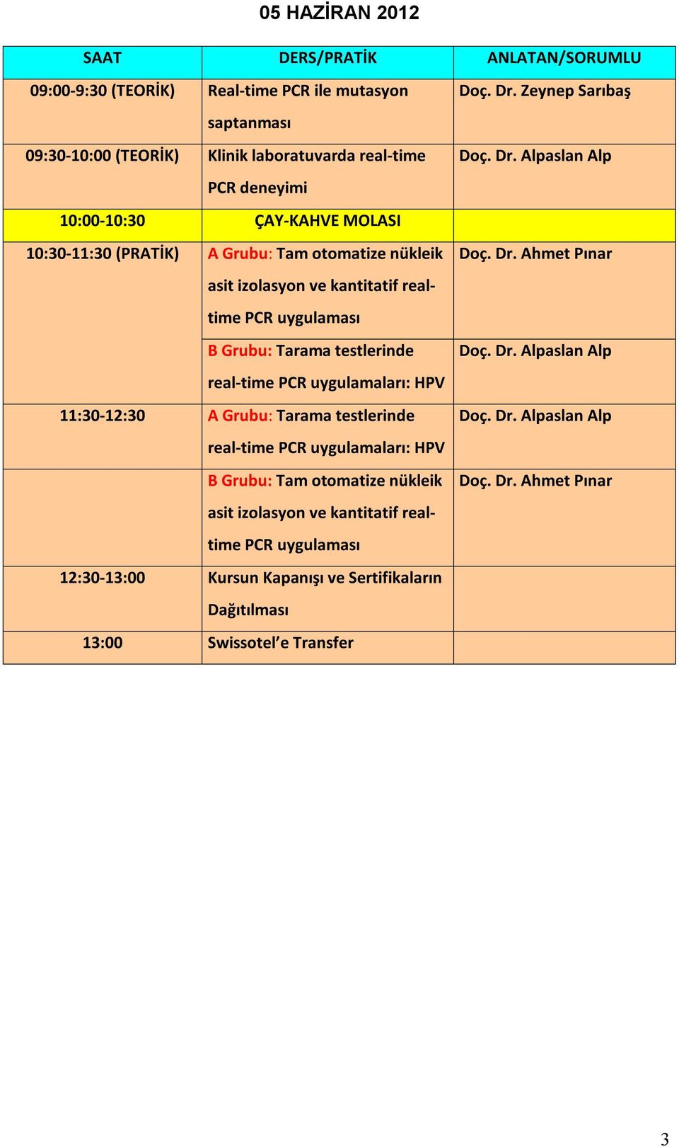 11:30-12:30 A Grubu: Tarama testlerinde real-time PCR uygulamaları: HPV B Grubu: Tam otomatize nükleik asit izolasyon ve kantitatif realtime PCR uygulaması 12:30-13:00 Kursun Kapanışı