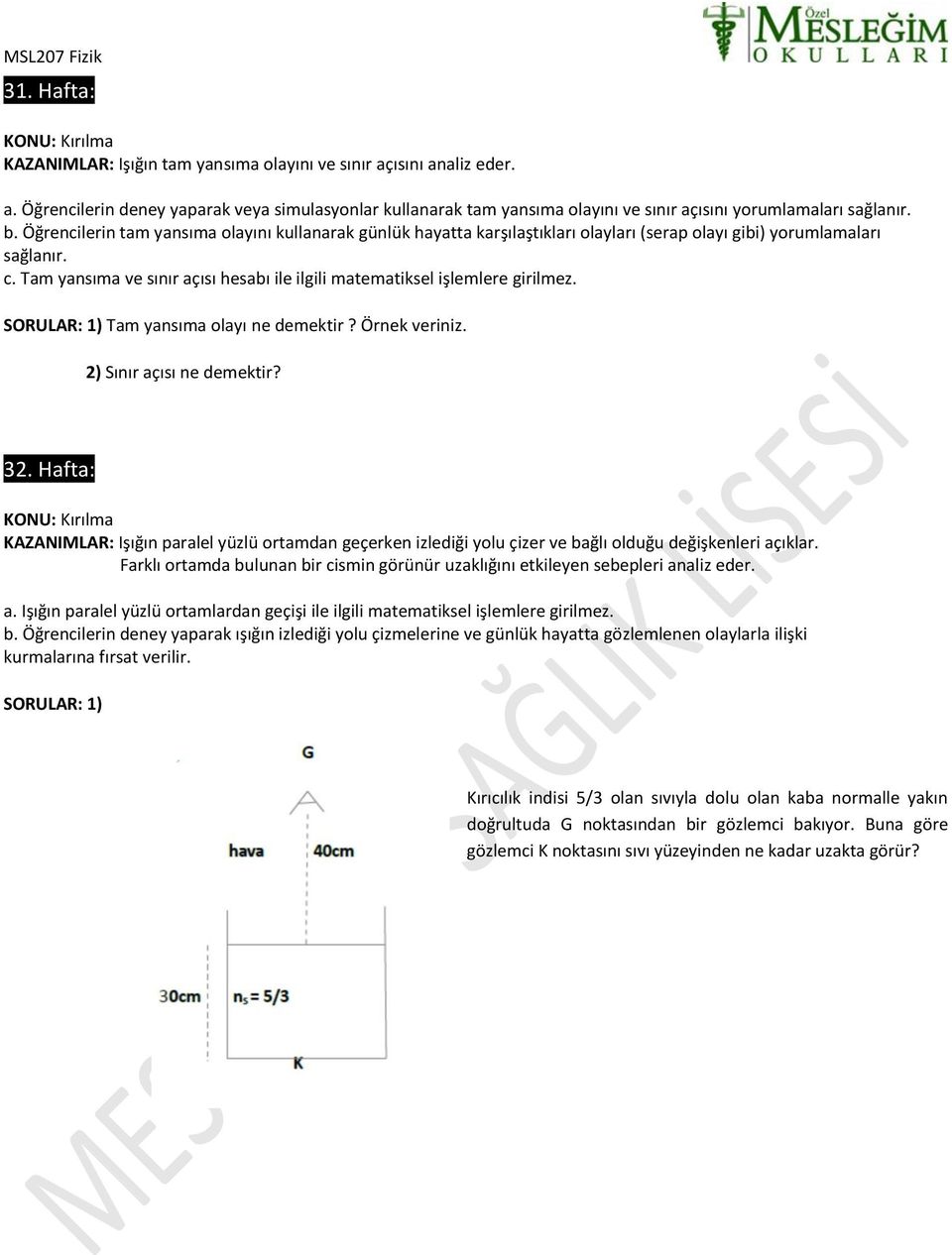 SORULAR: 1) Tam yansıma olayı ne demektir? Örnek veriniz. 2) Sınır açısı ne demektir? 32.