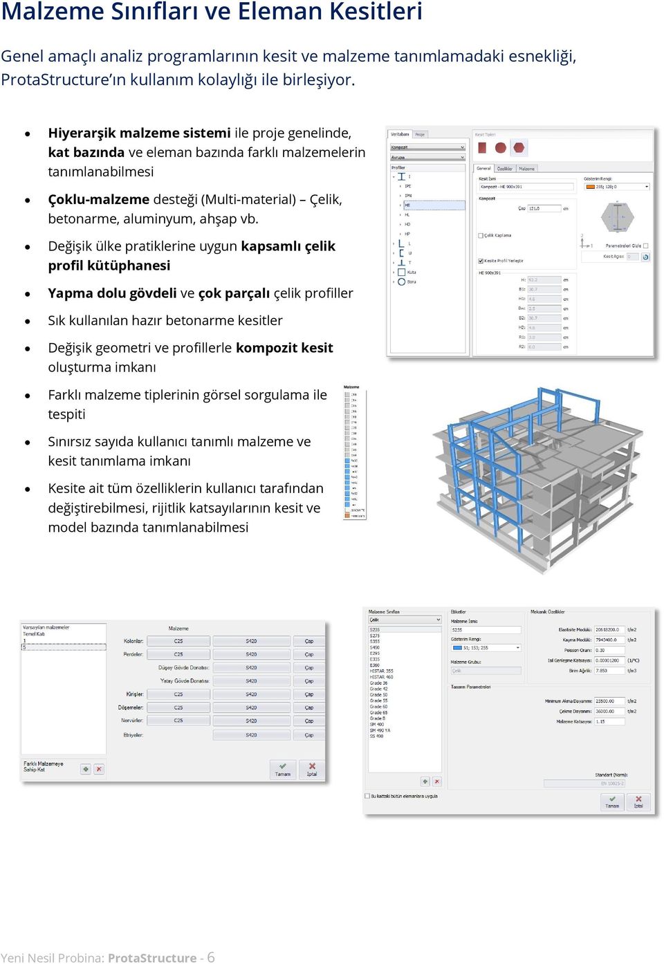 Değişik ülke pratiklerine uygun kapsamlı çelik profil kütüphanesi Yapma dolu gövdeli ve çok parçalı çelik profiller Sık kullanılan hazır betonarme kesitler Değişik geometri ve profillerle kompozit