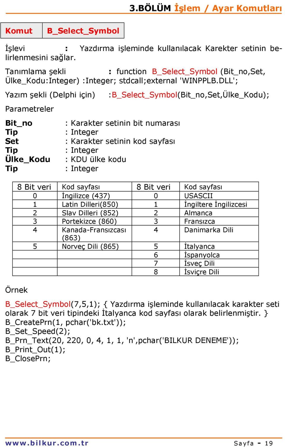 DLL'; Yazım şekli (Delphi için) :B_Select_Symbol(Bit_no,Set,Ülke_Kodu); Bit_no : Karakter setinin bit numarası Set : Karakter setinin kod sayfası Ülke_Kodu : KDU ülke kodu 8 Bit veri Kod sayfası 8