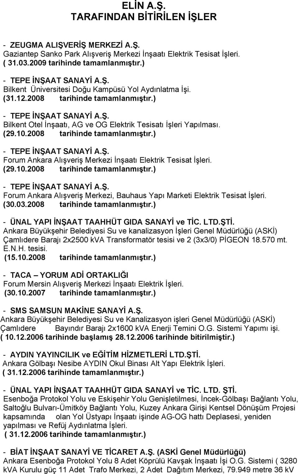 (29.10.2008 tarihinde tamamlanmıştır.) Forum Ankara Alışveriş Merkezi, Bauhaus Yapı Marketi Elektrik Tesisat İşleri. (30.03.2008 tarihinde tamamlanmıştır.) - ÜNAL YAPI İNŞAAT TAAHHÜT GIDA SANAYİ ve TİC.