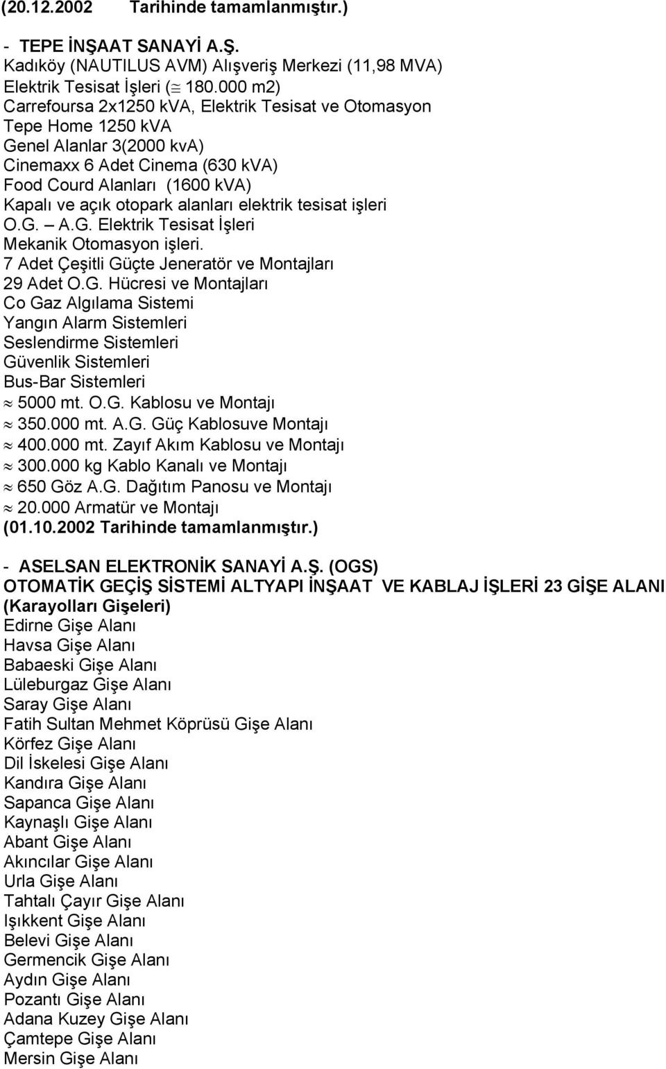 alanları elektrik tesisat işleri O.G. A.G. Elektrik Tesisat İşleri Mekanik Otomasyon işleri. 7 Adet Çeşitli Güçte Jeneratör ve Montajları 29 Adet O.G. Hücresi ve Montajları Co Gaz Algılama Sistemi Yangın Alarm Sistemleri Seslendirme Sistemleri Güvenlik Sistemleri Bus-Bar Sistemleri 5000 mt.