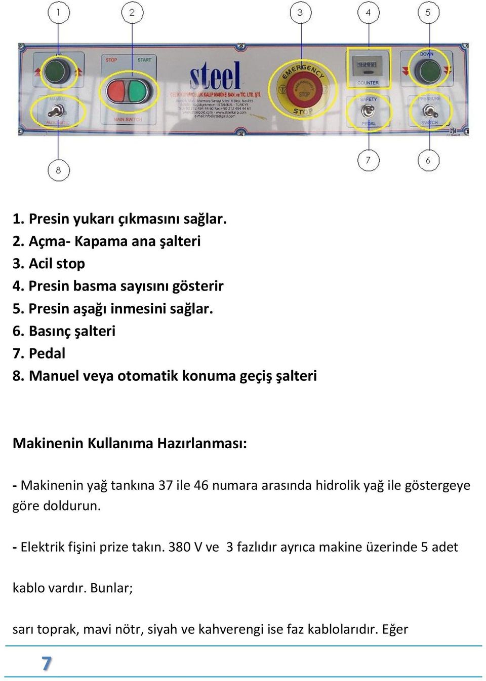 Manuel veya otomatik konuma geçiş şalteri Makinenin Kullanıma Hazırlanması: - Makinenin yağ tankına 37 ile 46 numara arasında