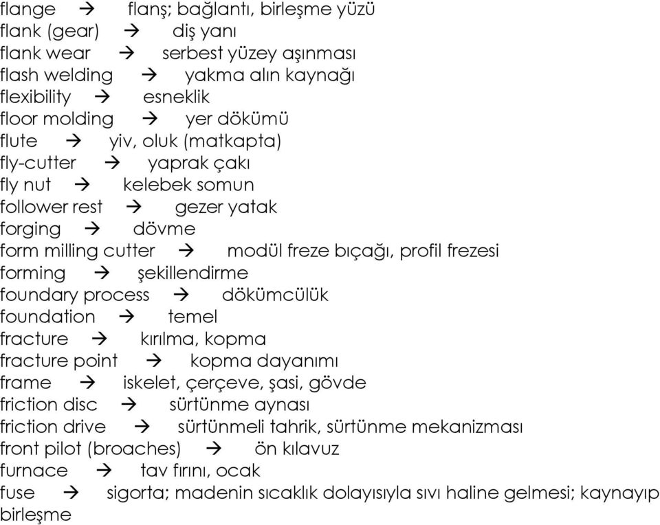 şekillendirme foundary process dökümcülük foundation temel fracture kırılma, kopma fracture point kopma dayanımı frame iskelet, çerçeve, şasi, gövde friction disc sürtünme aynası