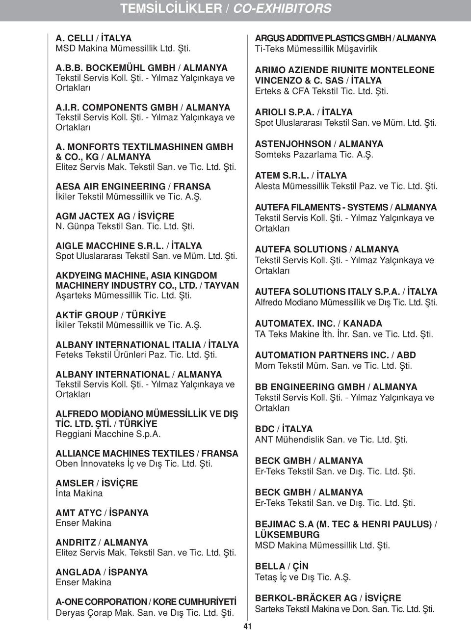 ve Müm. AKDYEING MACHINE, ASIA KINGDOM MACHINERY INDUSTRY CO., LTD. / TAYVAN Aşarteks Mümessillik Tic. AKTİF GROUP / TÜRKİYE ALBANY INTERNATIONAL ITALIA / İTALYA Feteks Tekstil Ürünleri Paz. Tic. ALBANY INTERNATIONAL / ALMANYA ALFREDO MODİANO MÜMESSİLLİK VE DIŞ TİC.