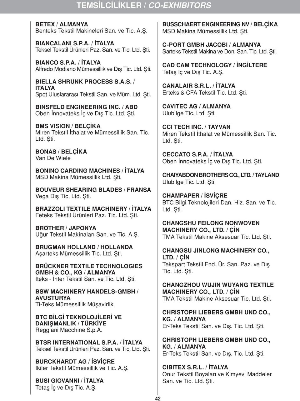 BMS VISION / BELÇİKA Miren Tekstil İthalat ve Mümessillik San. Tic. BONAS / BELÇİKA Van De Wiele BONINO CARDING MACHINES / İTALYA MSD Makina Mümessillik BOUVEUR SHEARING BLADES / FRANSA Vega Dış Tic.