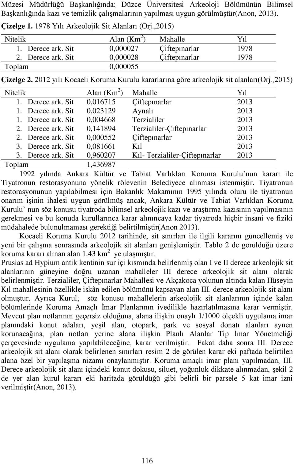 2012 yılı Kocaeli Koruma Kurulu kararlarına göre arkeolojik sit alanları(orj.,2015) Nitelik Alan (Km 2 ) Mahalle Yıl 1. Derece ark. Sit 0,016715 Çiftepınarlar 2013 1. Derece ark. Sit 0,023129 Aynalı 2013 1.