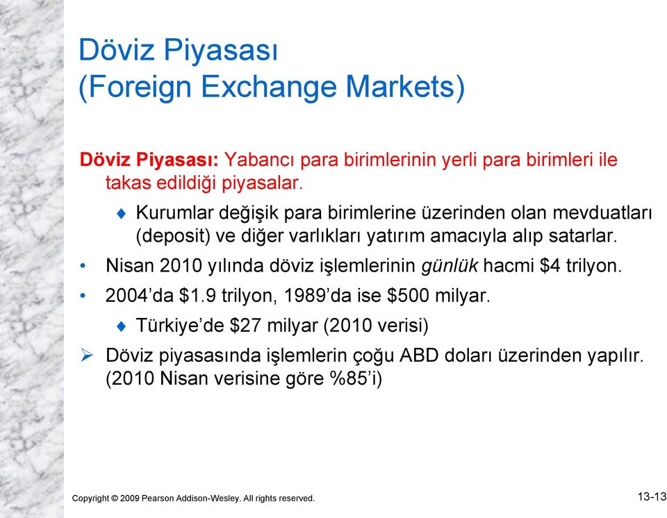 Nisan 2010 yılında döviz işlemlerinin günlük hacmi $4 trilyon. 2004 da $1.9 trilyon, 1989 da ise $500 milyar.