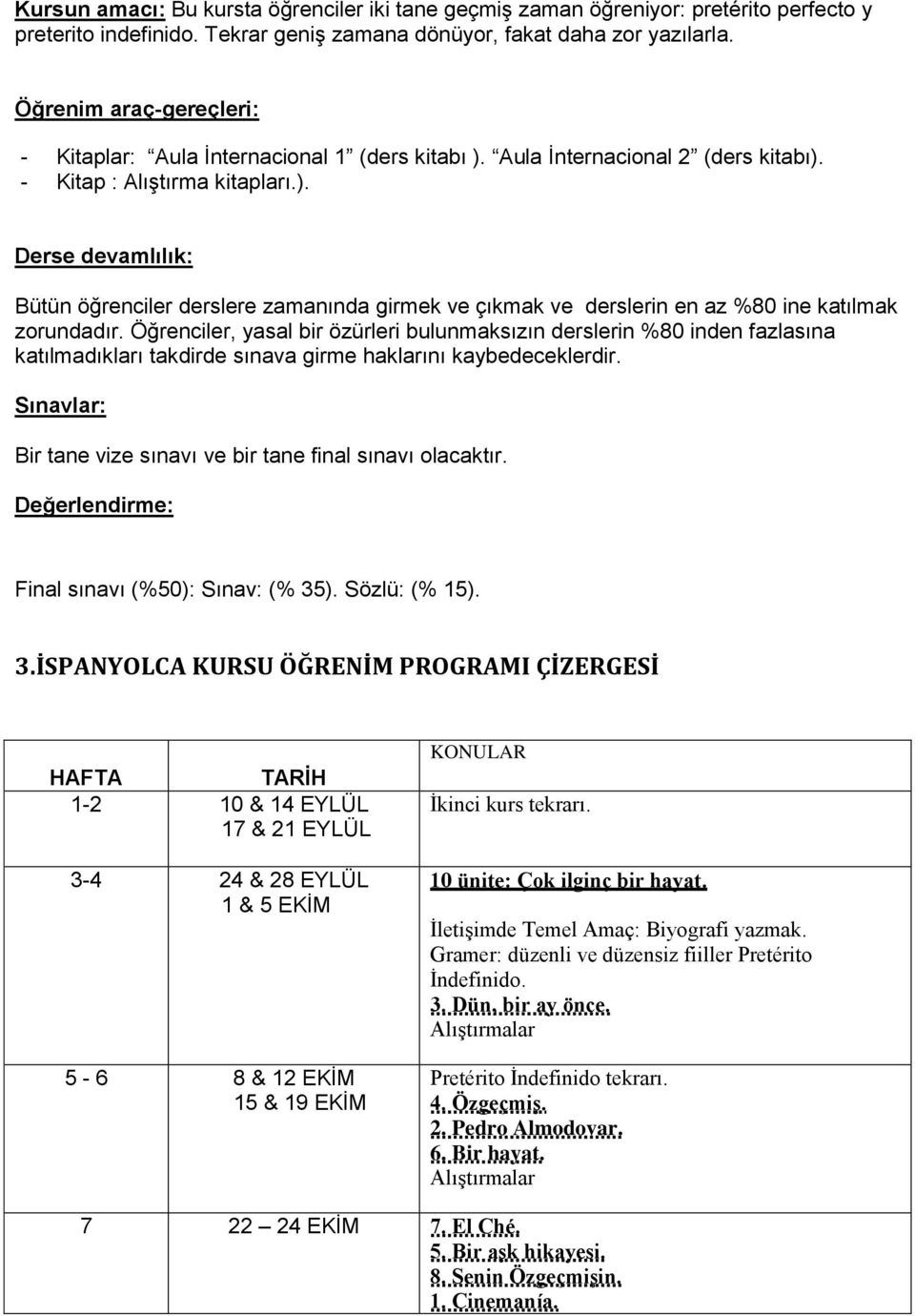 Öğrenciler, yasal bir özürleri bulunmaksızın derslerin %80 inden fazlasına katılmadıkları takdirde sınava girme haklarını kaybedeceklerdir.