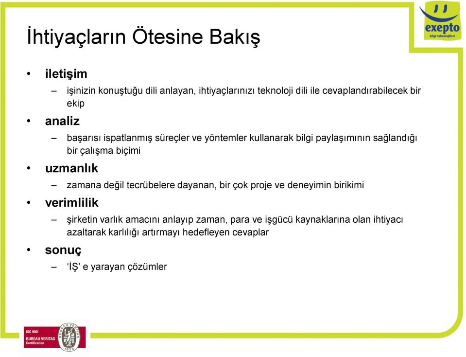 bir çalışma biçimi uzmanlık zamana değil tecrübelere dayanan, bir çok proje ve deneyimin birikimi verimlilik şirketin