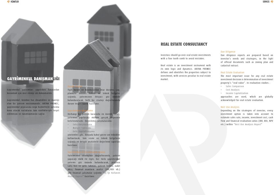 ARENA PROMEC, gayrimenkul piyasasına özgü hizmetlerle yatırıma konu olacak varlıkların tüm özellikleriyle tespit edilmesini ve tanımlanmasını sağlar.