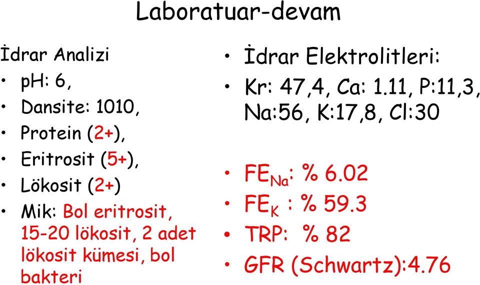 lökosit kümesi, bol bakteri İdrar Elektrolitleri: Kr: 47,4, Ca: 1.