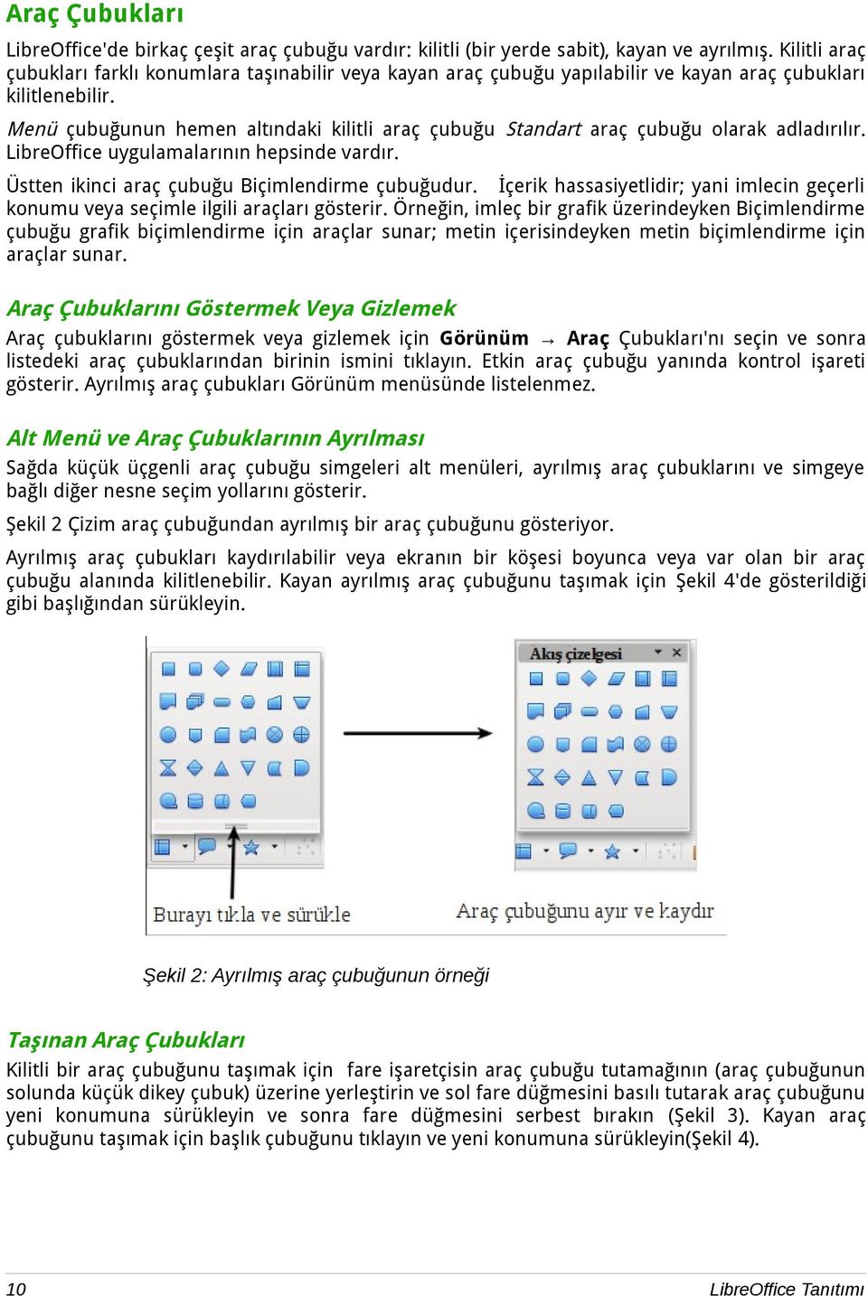 Menü çubuğunun hemen altındaki kilitli araç çubuğu Standart araç çubuğu olarak adladırılır. LibreOffice uygulamalarının hepsinde vardır. Üstten ikinci araç çubuğu Biçimlendirme çubuğudur.