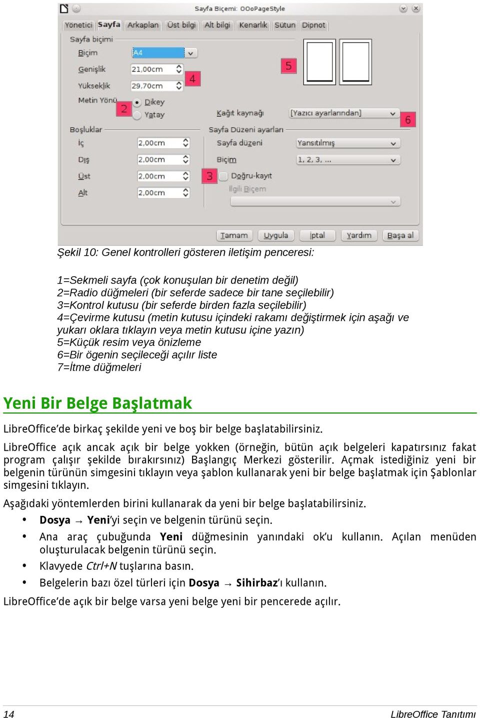 seçileceği açılır liste 7=İtme düğmeleri 7 Yeni Bir Belge Başlatmak LibreOffice de birkaç şekilde yeni ve boş bir belge başlatabilirsiniz.