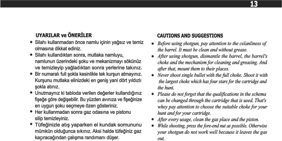 Kurşunu mutlaka elinizdeki en geniş yani dört yıldızlı şokla atınız. Unutmaynız ki tabloda verilen değerler kullandığınız fişeğe göre değişebilir.