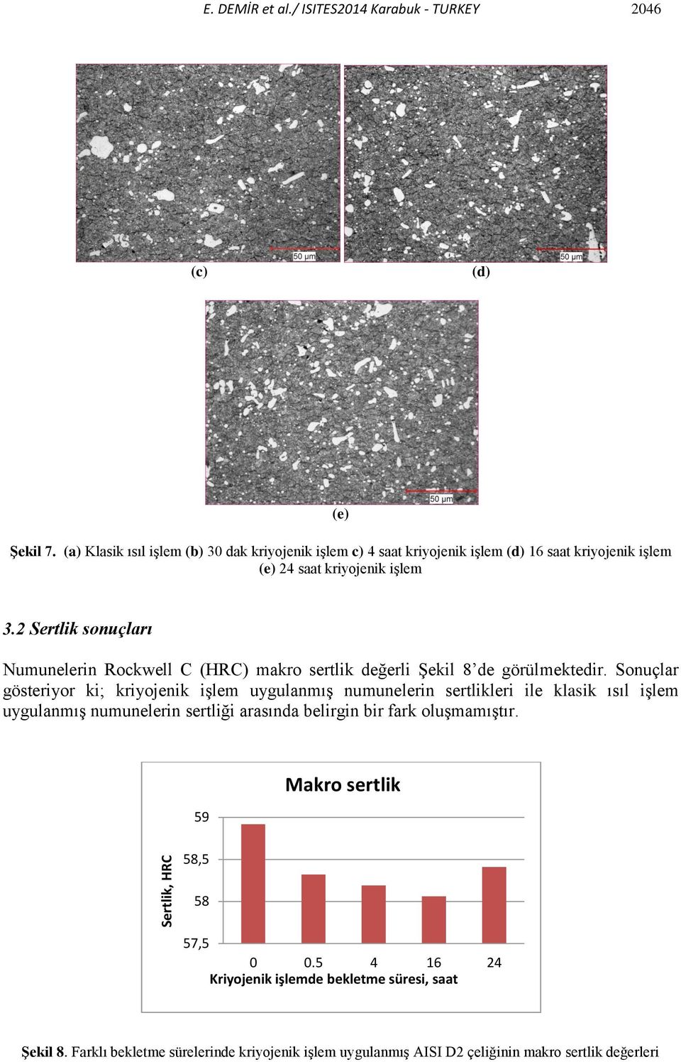 2 Sertlik sonuçları Numunelerin Rockwell C (HRC) makro sertlik değerli Şekil 8 de görülmektedir.