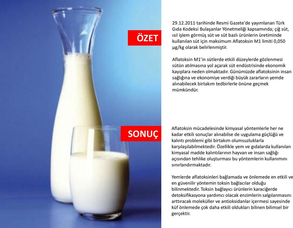 M1 limiti 0,050 µg/kg olarak belirlenmiştir. Aflatoksin M1 in sütlerde etkili düzeylerde gözlenmesi sütün atılmasına yol açarak süt endüstrisinde ekonomik kayıplara neden olmaktadır.