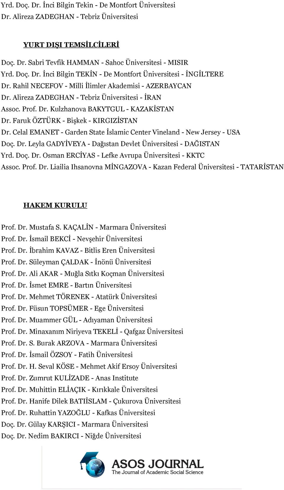 Celal EMANET - Garden State İslamic Center Vineland - New Jersey - USA Doç. Dr. Leyla GADYİVEYA - Dağıstan Devlet Üniversitesi - DAĞISTAN Yrd. Doç. Dr. Osman ERCİYAS - Lefke Avrupa Üniversitesi - KKTC Assoc.